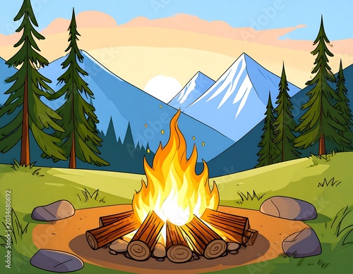 Cartoon campfire burns brightly in a green meadow surrounded by towering pines and majestic, snow-capped mountains. The sun sets
