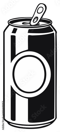 Soda can illustration in black and white, with an open pull-tab design, perfect for beverage branding.