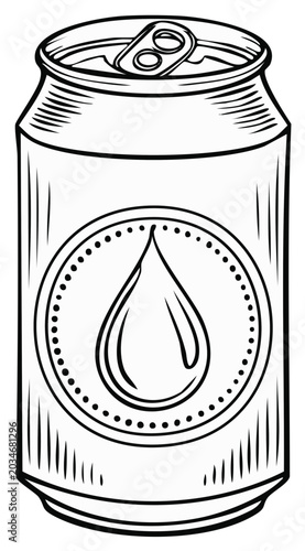 Vintage style line art illustration of a beverage can with a liquid drop logo
