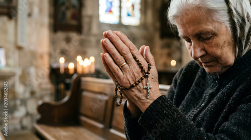 Elderly woman praying with rosary beads in church close up on transparent background