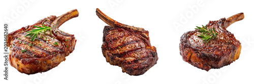 Grilled Tomahawk ribeye steak isolated on transparent background. Juicy beef chop with rosemary herb garnishment for luxury barbecue restaurant steakhouse menu.