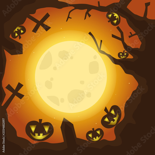 Halloween spooky cemetery full moon and jack-o'-lanterns vector background