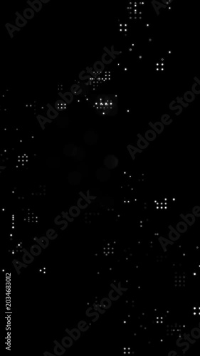 Vertical abstract digital overlay template featuring glowing white dot matrix grids, minimal geometric shapes, and tech HUD elements on black background