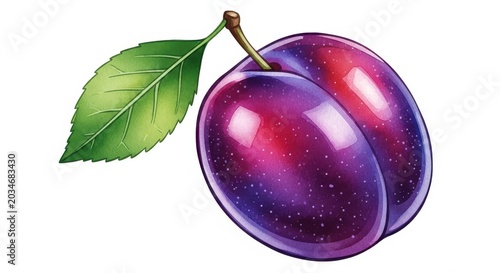 Vibrant Watercolor Illustration of a Fresh, Ripe Plum with Leaf.