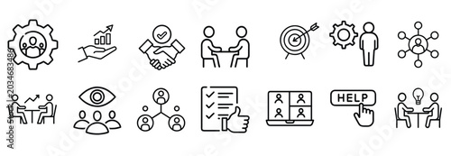 Photos Corporate team management outline icons set business development human resource hr strategic workforce performance marketing goal & more vector illustration with editable stroke