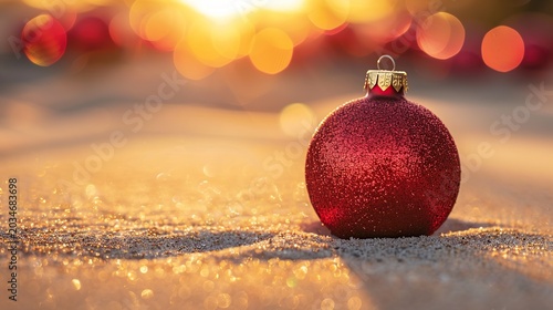 Festive Christmas Ornaments Scattered on Sandy Beach at Golden Hour