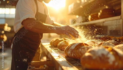 A professional baker or chef is sprinkling flour over a row of freshly baked artisan bread inside a warm bakery kitchen. The dramatic sunlight createsk