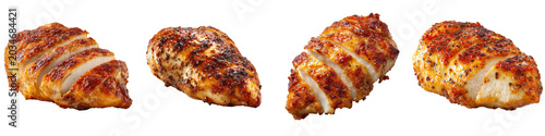 Juicy grilled chicken breast slices seasoned with herbs and spices isolated on transparent background. Healthy roasted poultry meat, high protein food option for diet and meal prep.