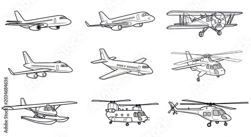 Tableau sur toile Diverse Aircraft Collection: Airplanes and Helicopters Line Art
