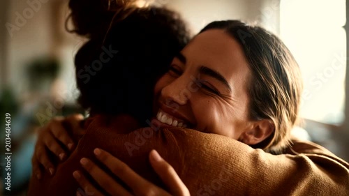 Two friends sharing a joyful hug indoors, smiling warmly