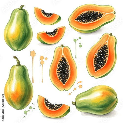 Vibrant watercolor illustration of fresh papayas, whole and sliced, showcasing their juicy flesh and black seeds, perfect for healthy eating and tropical fruit themes.