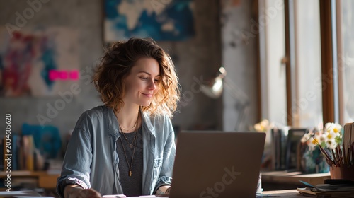 happy freelancer editing project on laptop in bright workspace