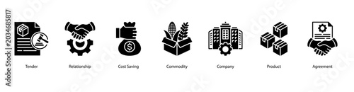 Procurement Essentials web banner icon vector illustration featuring Tender, Relationship, Cost Saving, Commodity, Company, Product, and Agreement for business and supply management.