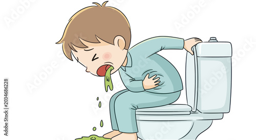 Bild auf Leinwand Sick Child Vomiting into Toilet Bowl Illustration
