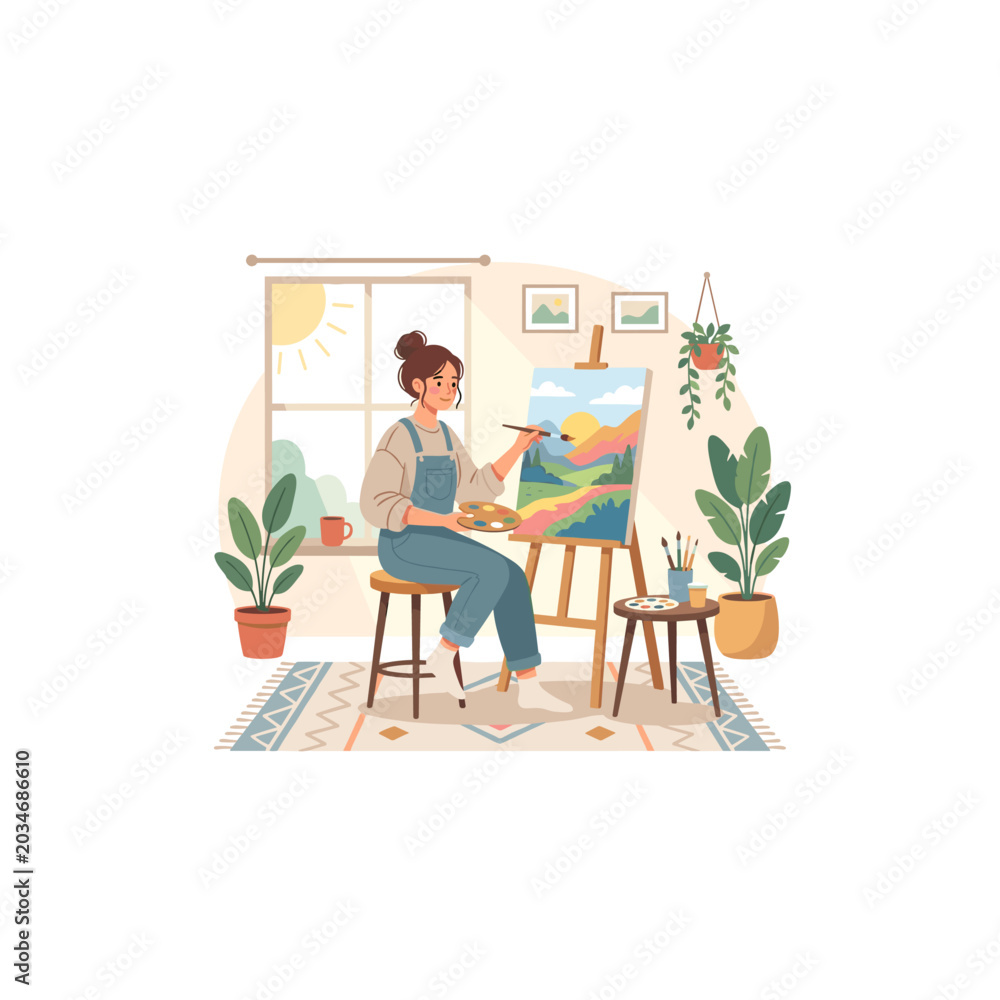 Fototapeta premium Artist painting landscape on canvas in studio flat design vector
