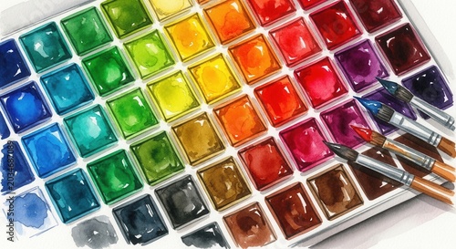 Vibrant Watercolor Paint Palette with Brushes for Artistic Creation.
