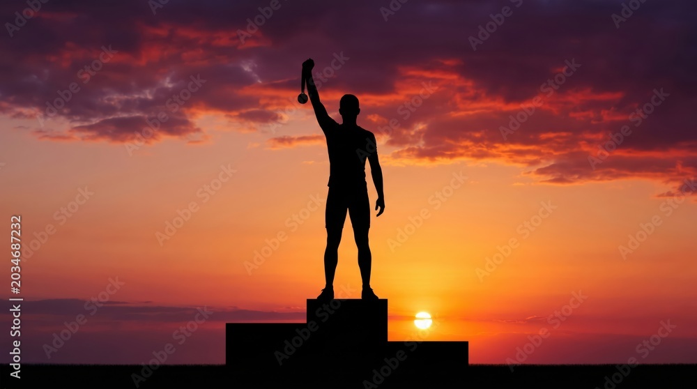 Fototapeta premium Triumphant Figure Holding Medal Against a Vibrant Sunset Sky Reflects Achievement and Glory