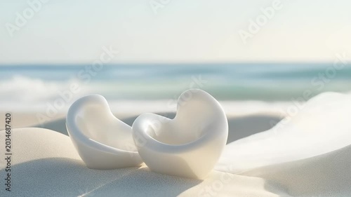 Two modern chairs on a serene beach at sunset