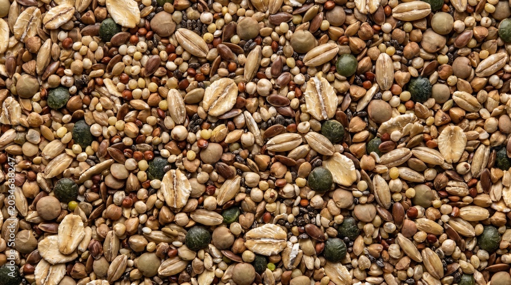 Fototapeta premium Assorted healthy raw grains and nutritious seeds mixed together in a detailed high angle flat lay texture background for organic culinary ingredient concept