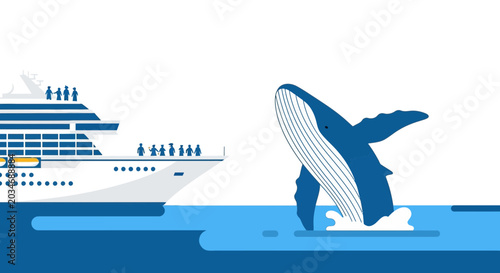 Foto Whale breaching near cruise ship, ocean wildlife encounter, vector illustration