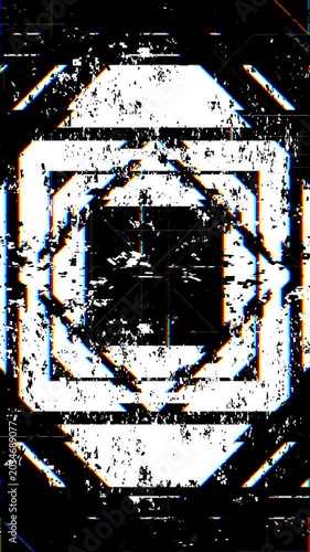 Vertical video overlay template 4K UHD abstract technology background featuring a weathered grunge geometric frame with colorful RGB chromatic aberration glitch effect