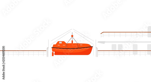 Bild auf Leinwand Orange lifeboat suspended from ship's davits for launch, safety equipment