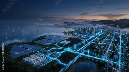 Sustainable smart city powered by green energy grid.