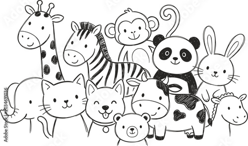 Canvas Print Cute Cartoon Animal Illustration Featuring Giraffe, Panda, Zebra, Rabbit and Fri