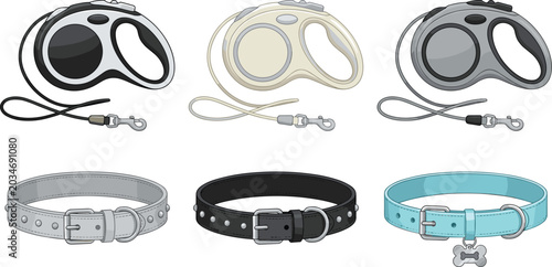 Fotografie Pet leash and collar accessories collection with modern retractable dog leash an
