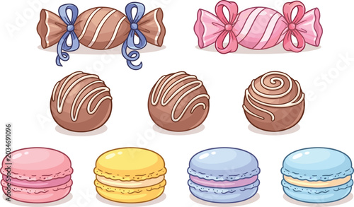 Vászonkép Cute colorful candy and macaroon dessert collection with sweet chocolate confect