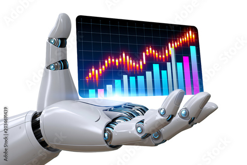 Robot hand with financial growth chart artificial intelligence trading investment fintech technology isolated on white background