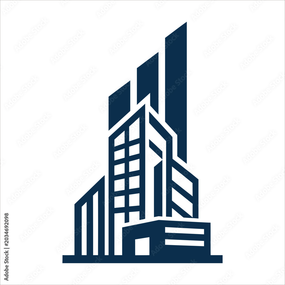 Fototapeta premium Modern minimalist skyscraper building icon isolated on white background with geometric design