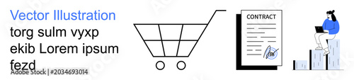 E-commerce, agreements, data analysis, workplace productivity, online business, digital communication. Shopping cart, contract with signature person on a laptop with data charts. E-commerce