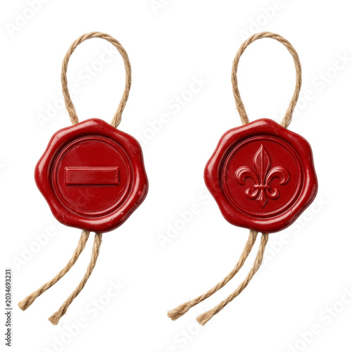 Red Wax Seals with Twine, One Blank and One with Fleur-de-lis Emblem