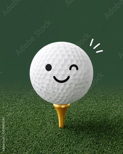 A cute white golf ball with a smiling face resting on a golden tee isolated on a green putting grass surface background