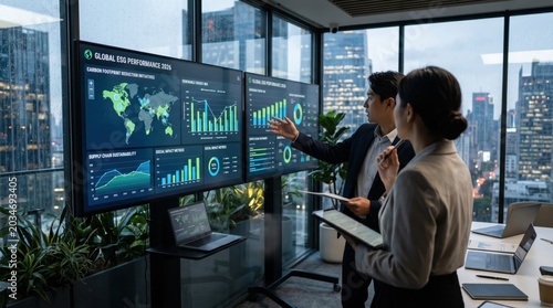 Business professionals analyzing global ESG performance data on large digital screens in modern office, sustainability reporting and corporate strategy meeting concept