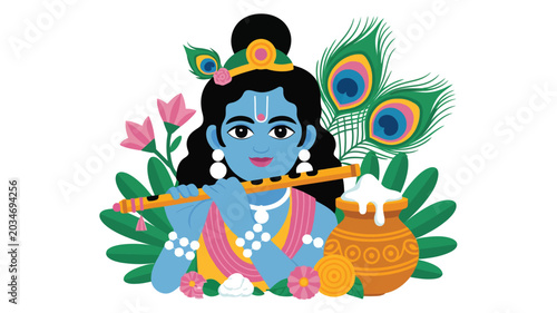 Tableau sur toile Lord krishna playing the flute surrounded by flowers and a peacock feather