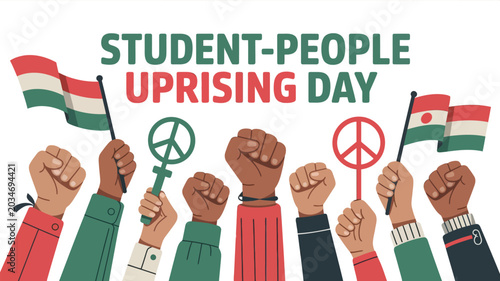 фотографія Student uprising day illustration with raised fists and national flags displayed