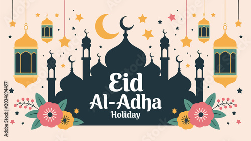 Fotografia Eid al adha celebration mosque silhouette crescent moon and festive lanterns des