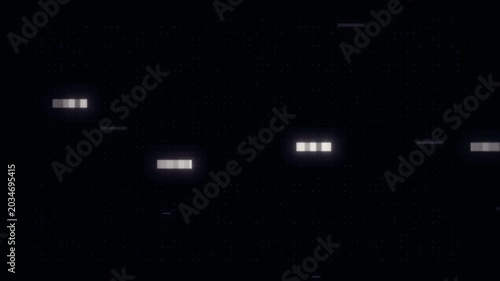 Small, bright, rectangular shapes are sparsely scattered against a completely black backdrop, hinting at digital data or distant lights.
