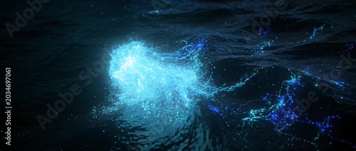 Bioluminescent wave glowing water night ocean sea surface abstract splash fantasy light energy motion surreal nature dark background vivid blue particle burst over rolling water night smooth surface