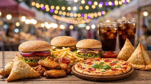 Cheeseburgers with french fries fried chicken wings pepperoni pizza and samosas served with glasses of cola on a wooden table at an outdoor night market with blurred bokeh fairy lights background