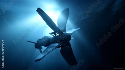 Underwater drone exploring deep ocean with light beams