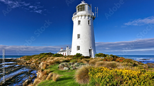 Tall white lighthouse on a grassy coastal headland overlooking the deep blue ocean water