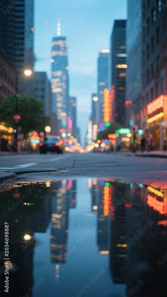 Fototapeta premium 水たまりにネオンや街明かりが反射する夕暮れ時の都市の道路、都市の風景をテーマにしたイメージ