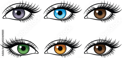 Konstfotografi Female Cartoon Eye Illustration Set with Colorful Iris Variations, Long Eyelashe