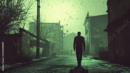 Deserted alleyway, man walks, eerie town, birds flying in a gloomy setting