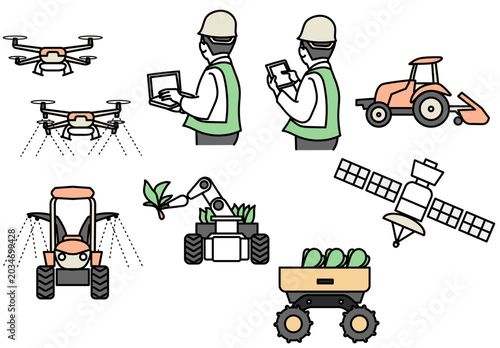 スマート農業を導入した未来の農作業の様子を描いたイラスト｜アグリテックの様々なデバイスや乗り物を集めた線画のアイコンセット