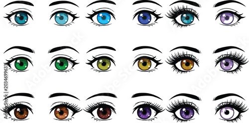 Bild auf Leinwand Cartoon Female Eye Illustration Collection with Colorful Iris Variations, Eyelas