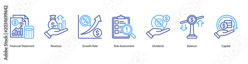 Fotografía Financial Reports web banner icon vector illustration featuring Financial Statement, Revenue, Growth Rate, Risk Assessment, Dividend, Balance, and Capital